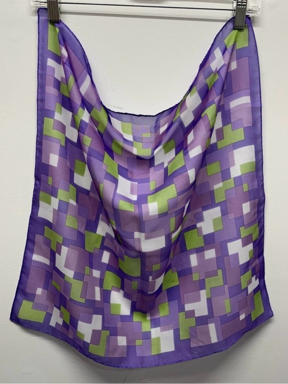 Vintage geometric pattern silk scarf in purple, green, and white